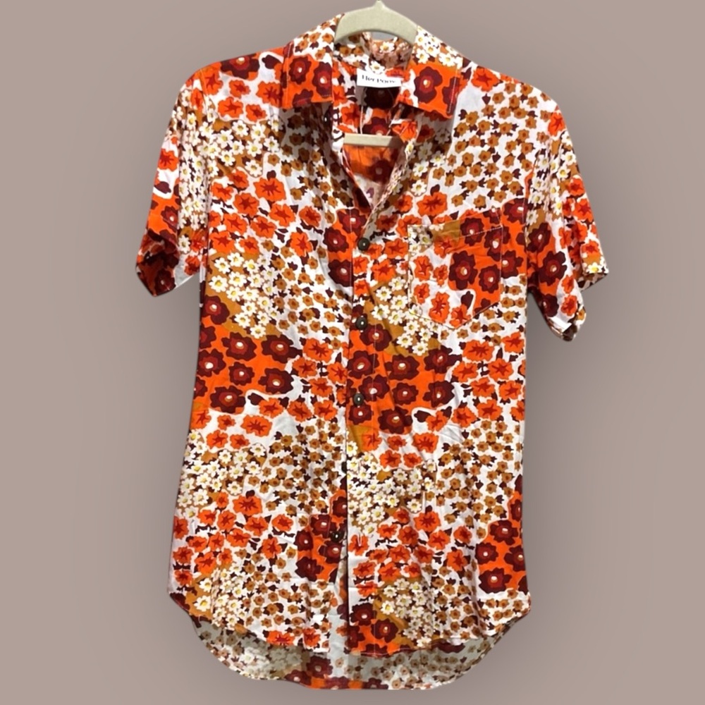 Her Pony The Label - Men’s Print Floral Multi Color Orange Shirt